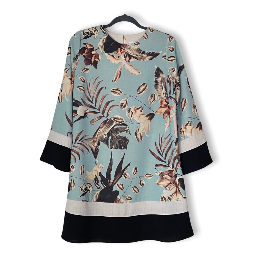 iKlim Flowy Mini Bell Sleeve Swing Dress Floral Black Cream Womens Size 1/S